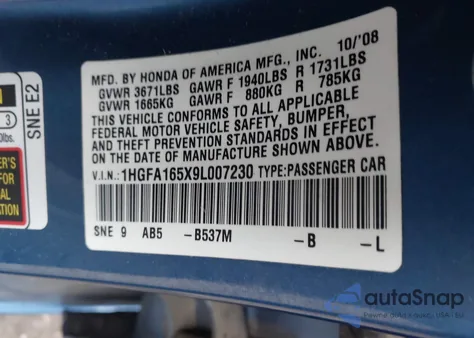 2009 Honda Civic Lx из США, поврежденный, VIN 1HGFA165X9L007230